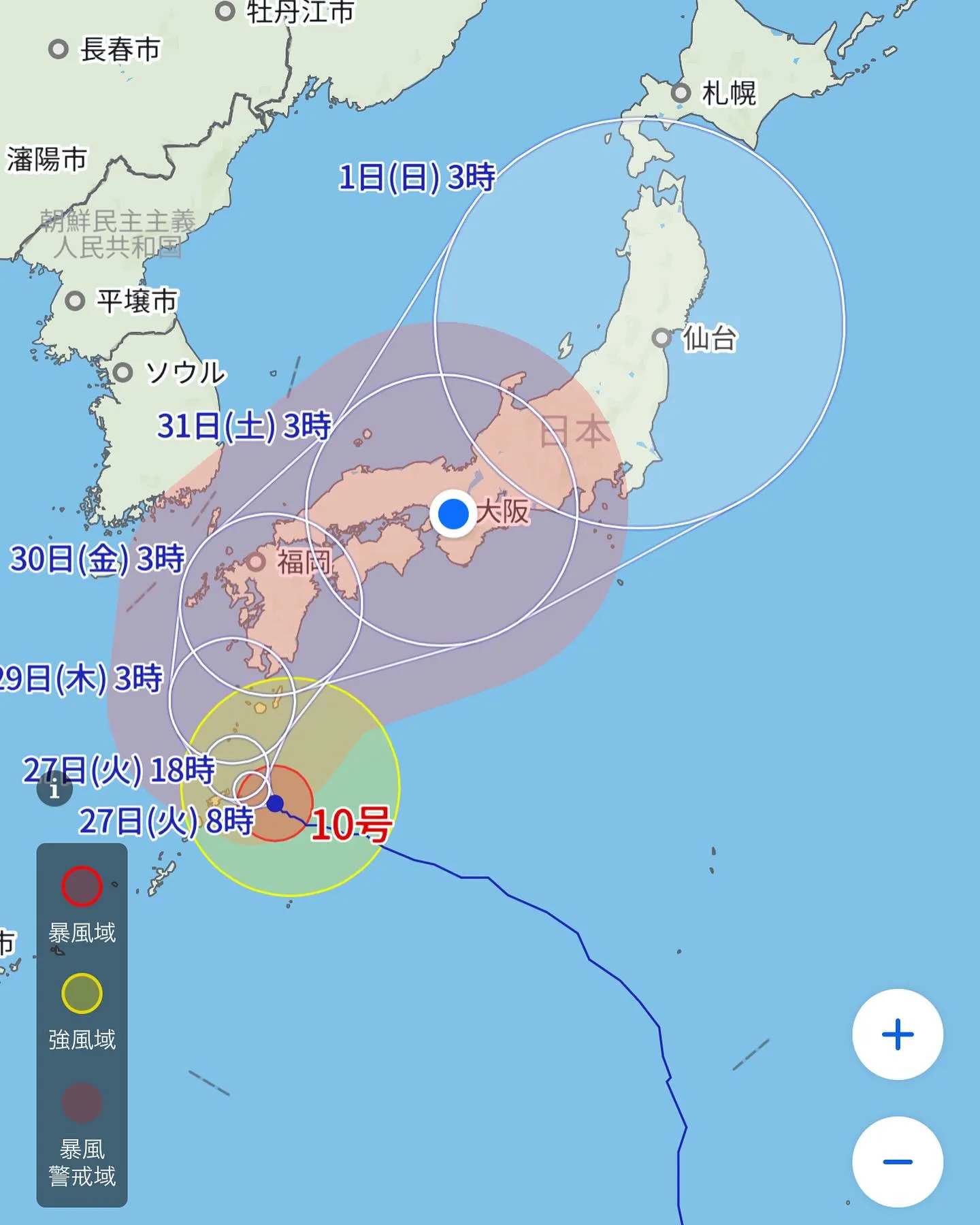 進路もど真ん中が大阪市内直撃な感じになってきましたね。